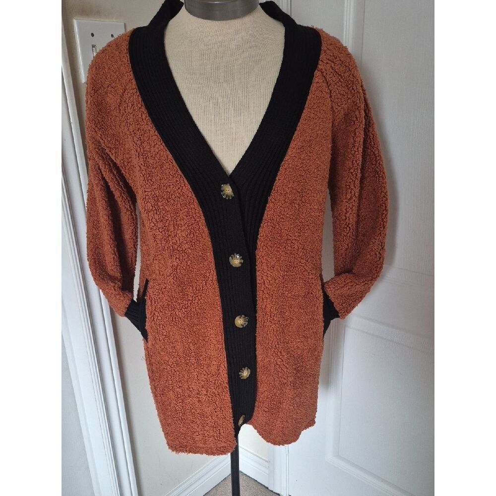 Rust Teddy Cardigan with Black Trim - Stylish Cozy Layer